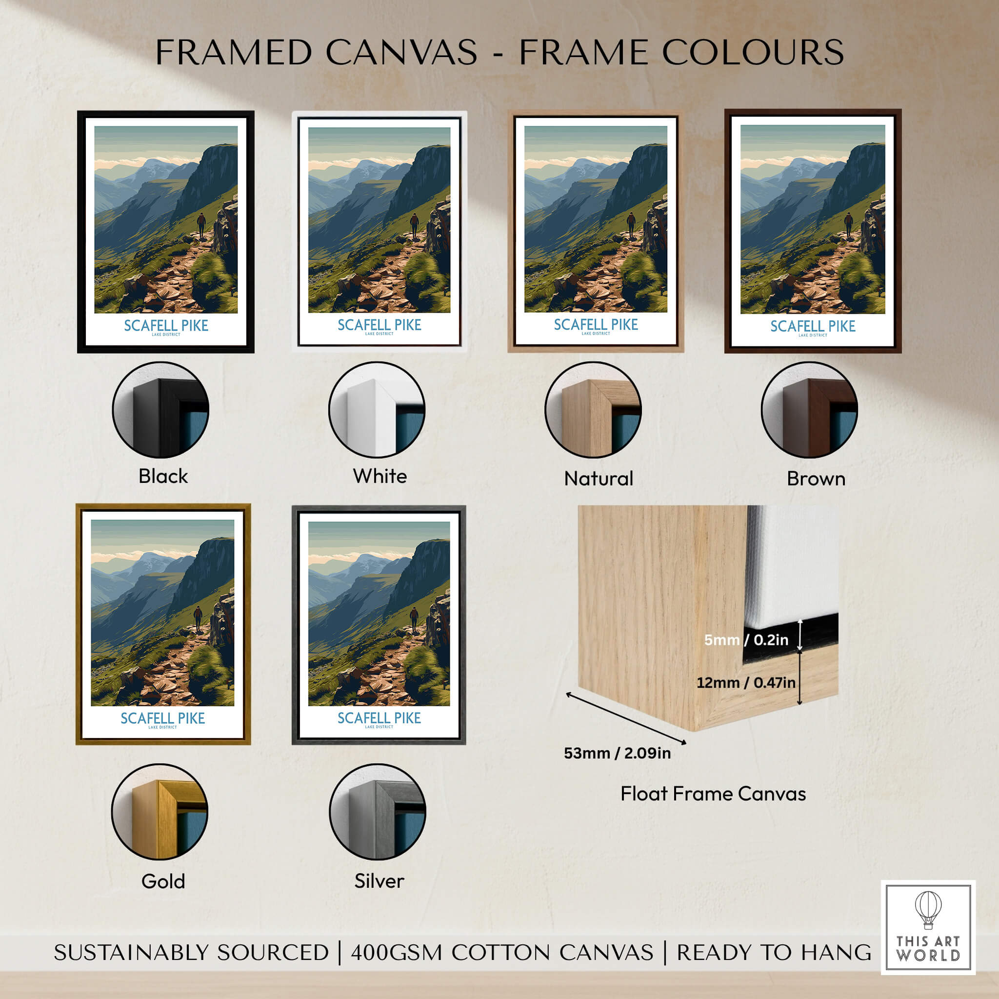 Scafell Pike Lake District Canvas Print | Hiker & Highland Scene Poster examples of frame colours including black, white, natural, brown, gold, and silver.