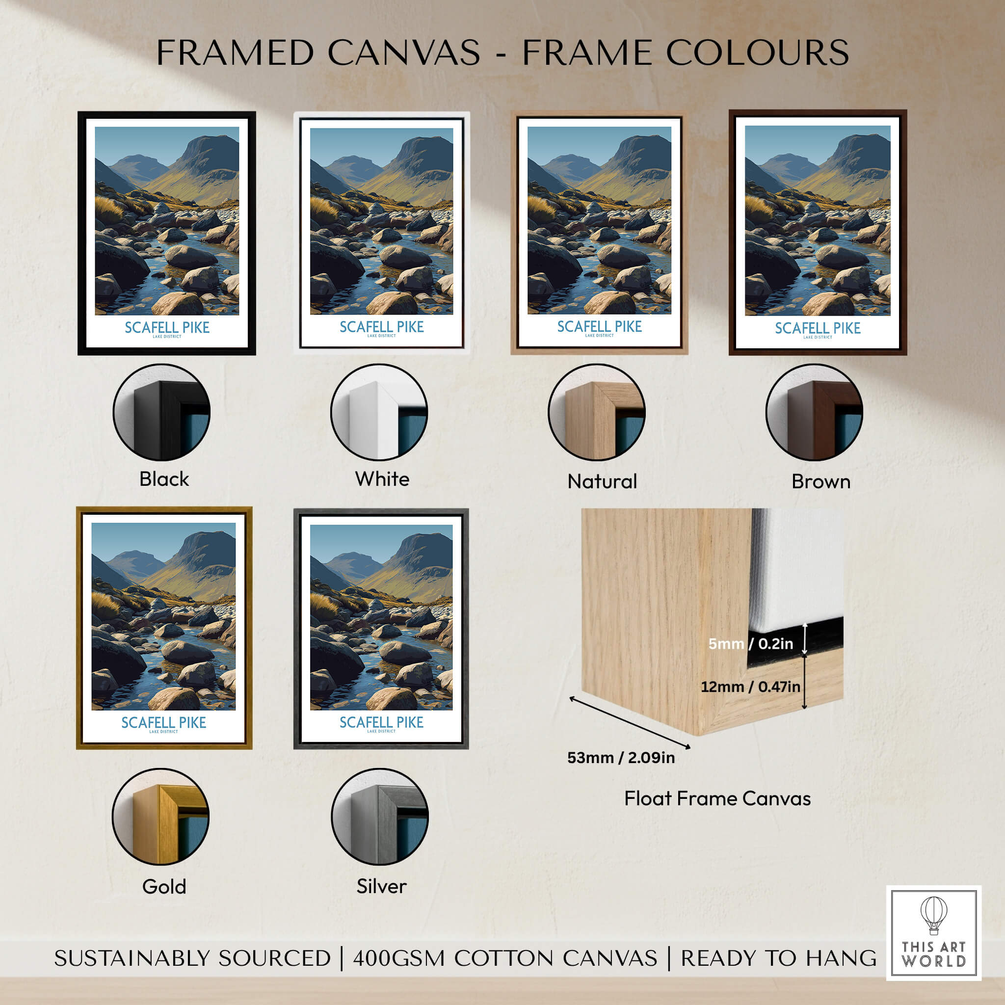 Scafell Pike Lake District Poster | Serene Valley Landscape Canvas Print framed colour options in various finishes.