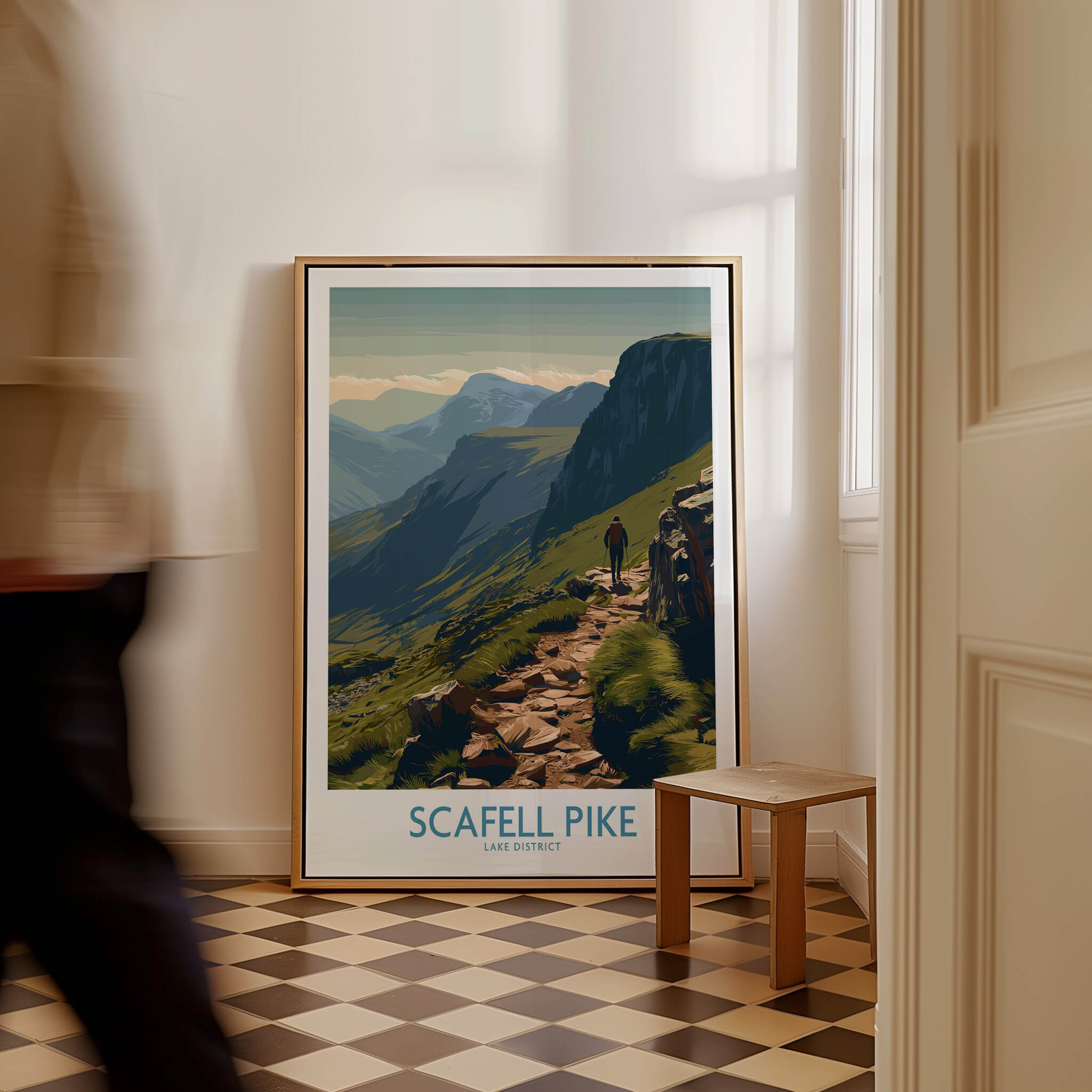 Scafell Pike Lake District Canvas Print | Hiker & Highland Scene Poster displayed indoors with a hiker on a trail.