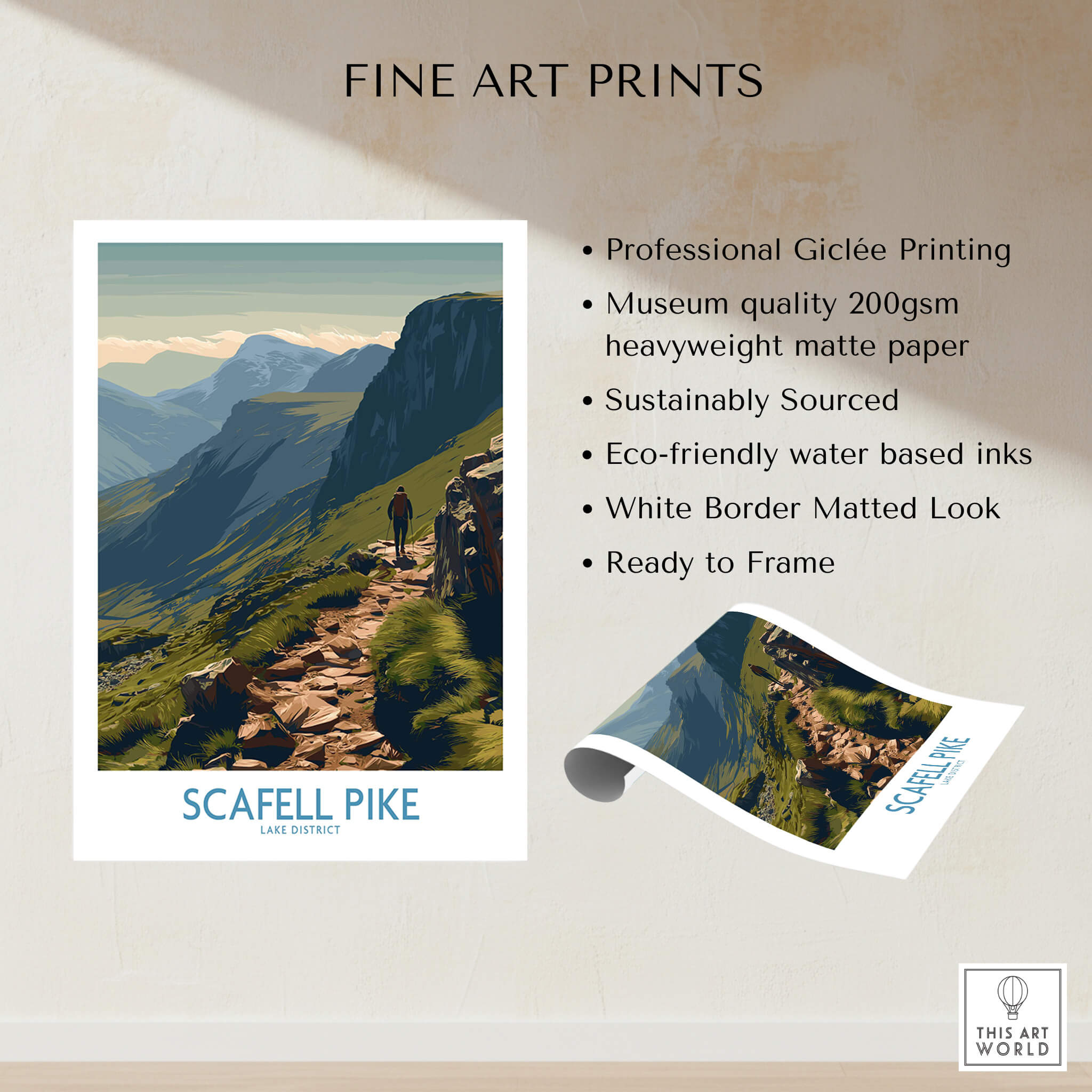 Scafell Pike Lake District Canvas Print | Hiker & Highland Scene Poster showcasing a stunning mountain landscape.