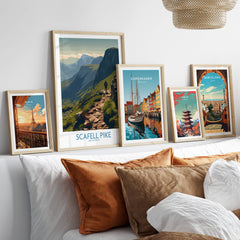 Scafell Pike Lake District Canvas Print | Hiker & Highland Scene Poster displayed above cozy cushions.