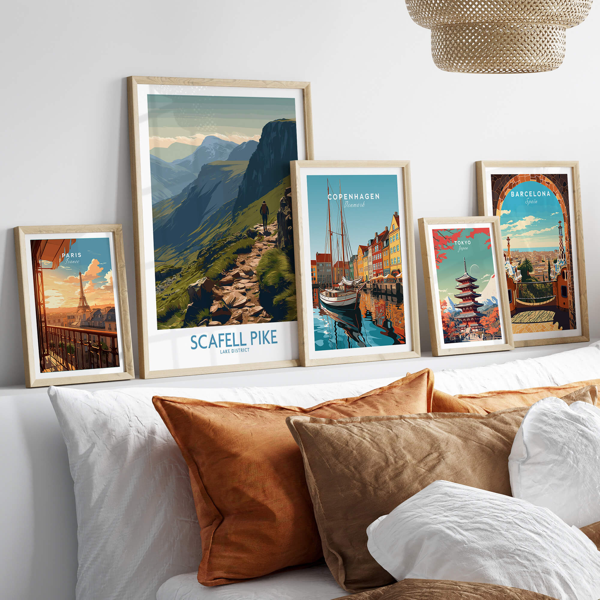 Scafell Pike Lake District Canvas Print | Hiker & Highland Scene Poster displayed above cozy cushions.