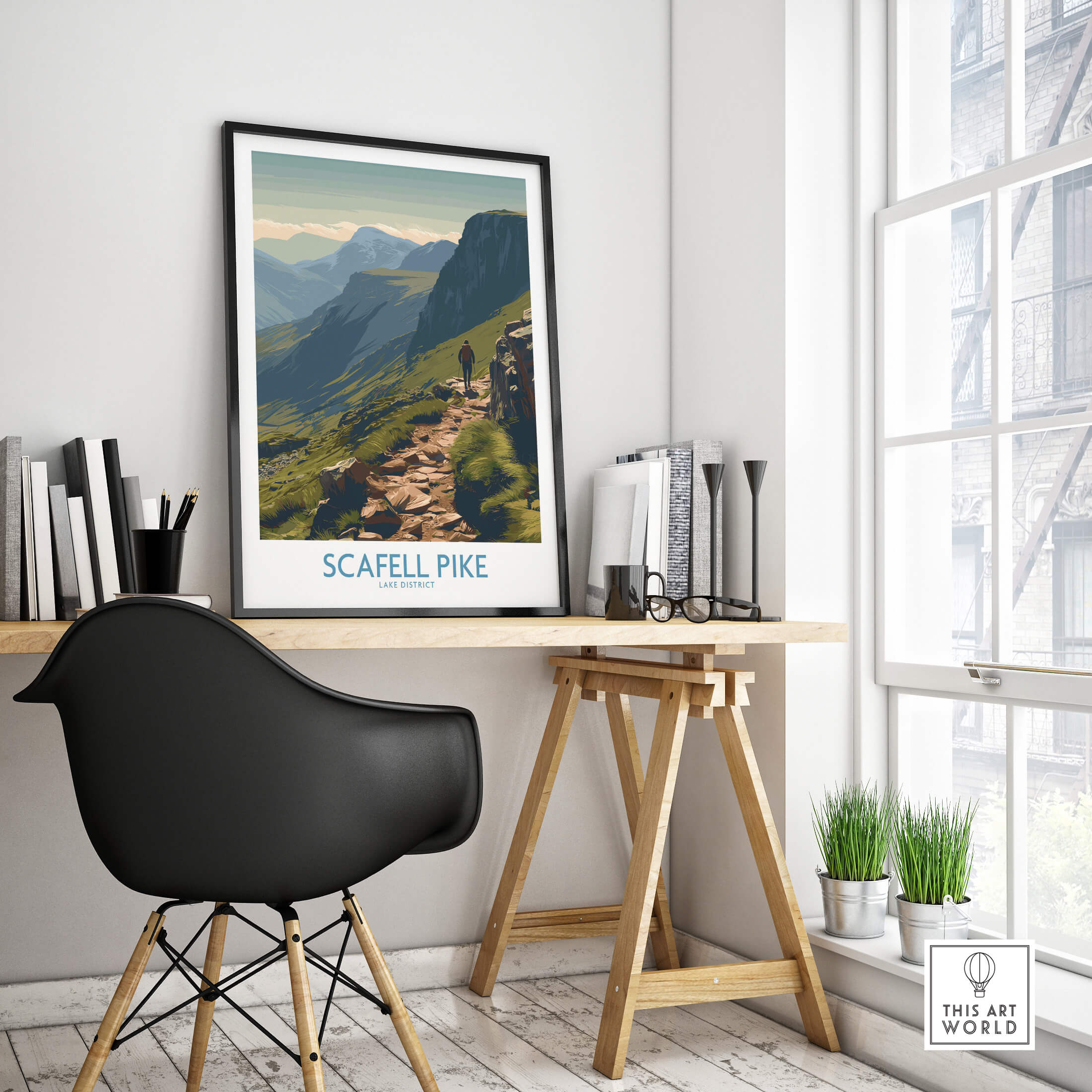 Scafell Pike Lake District Canvas Print | Hiker & Highland Scene Poster displayed in a modern workspace setting.