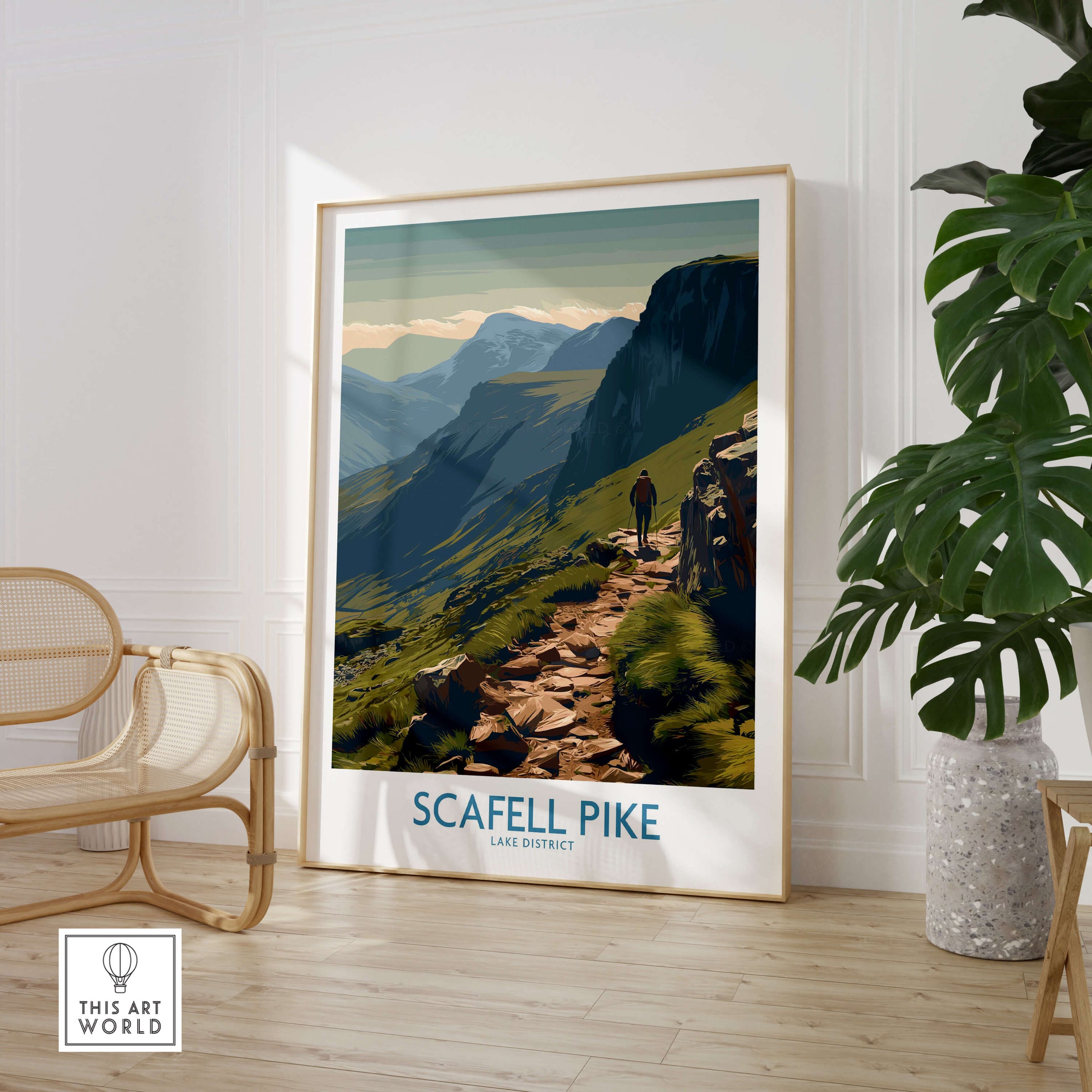 Scafell Pike Lake District Canvas Print | Hiker & Highland Scene Poster in a modern living room setting.