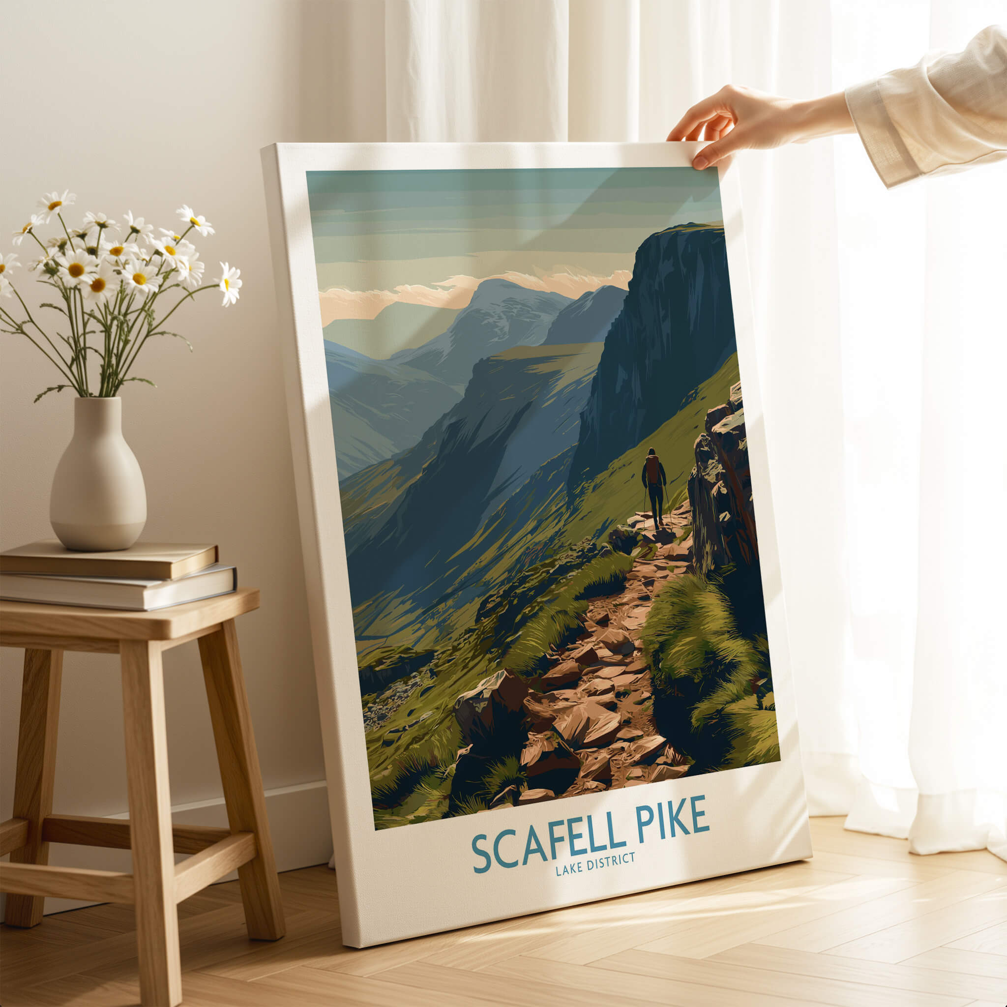 Scafell Pike Lake District Canvas Print | Hiker & Highland Scene Poster showcasing a solitary hiker on a mountain trail.