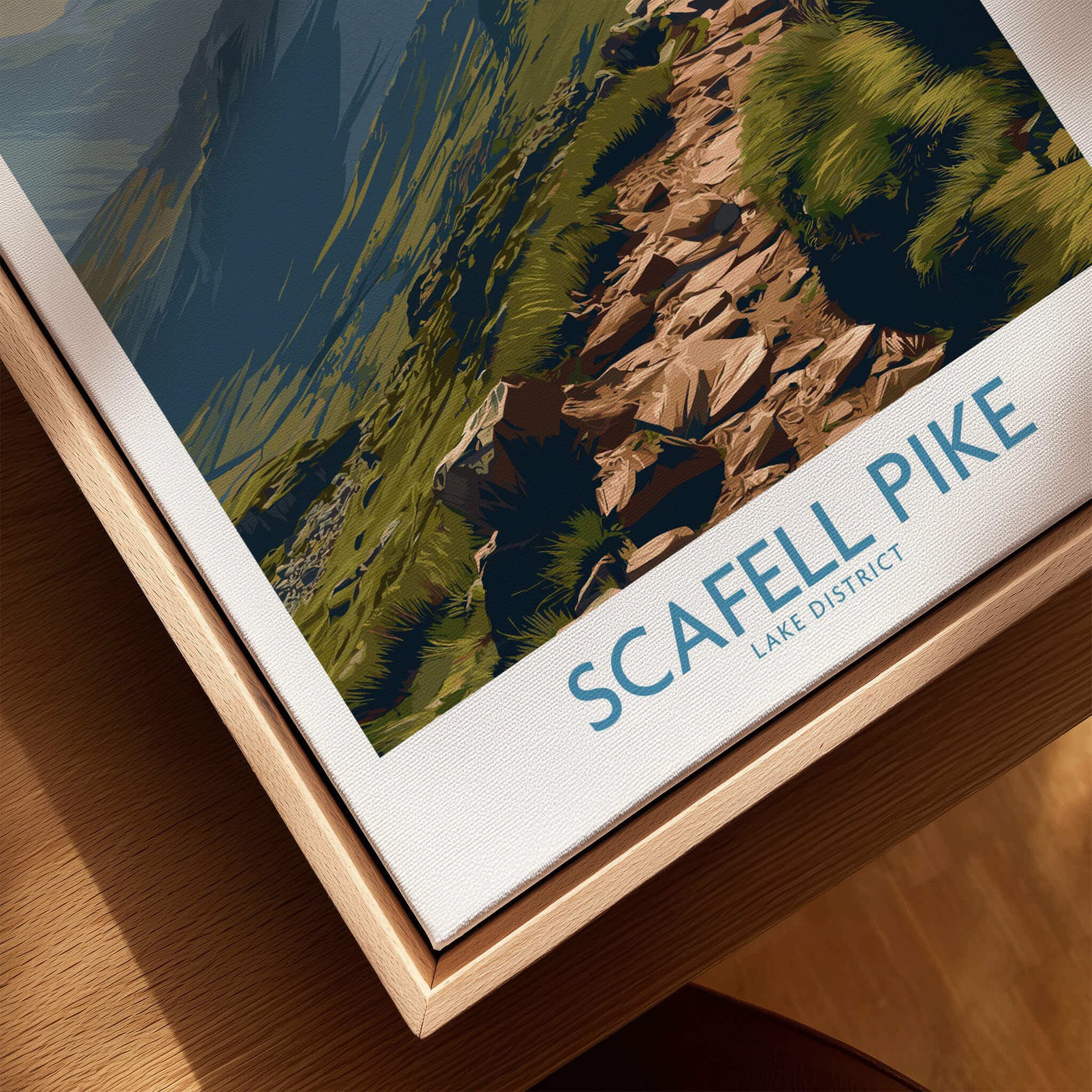 Scafell Pike Lake District Canvas Print | Hiker & Highland Scene Poster displayed on a wooden surface.