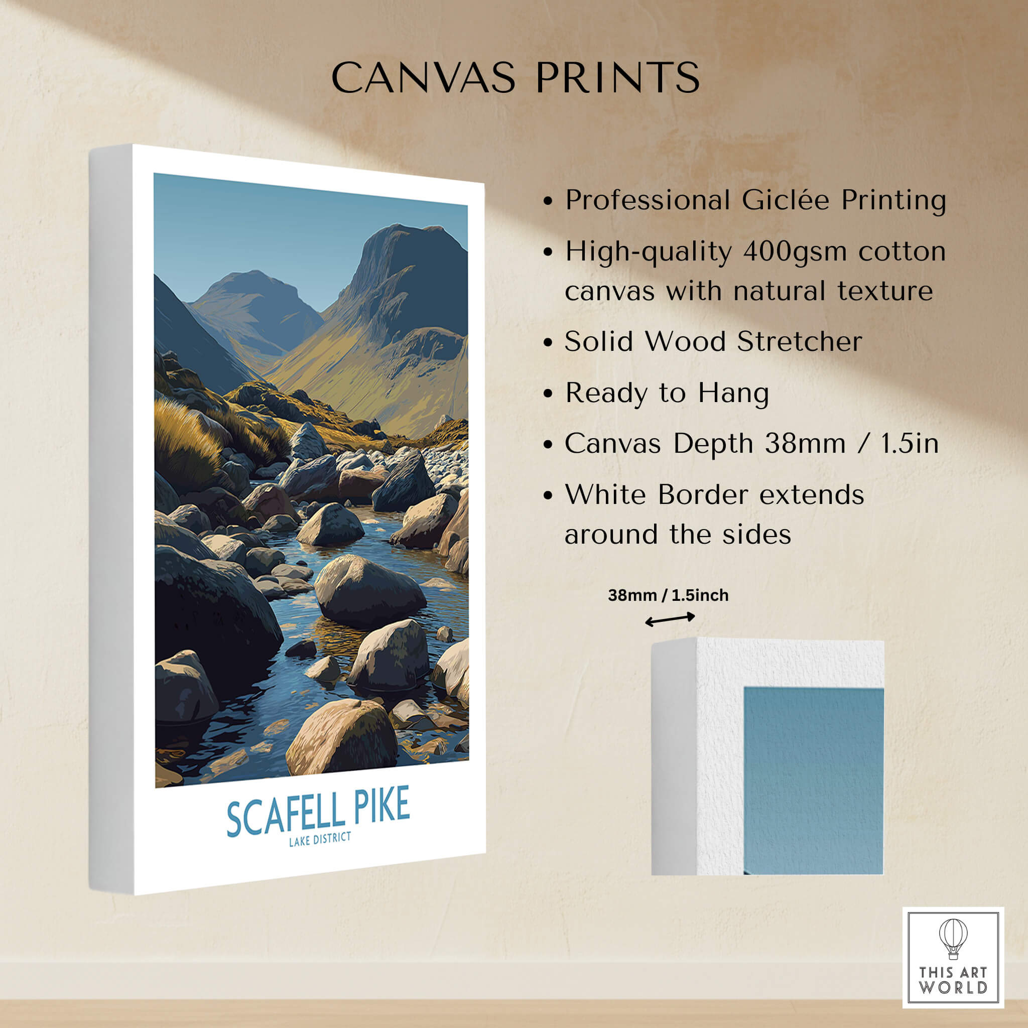 Scafell Pike Lake District Poster | Serene Valley Landscape Canvas Print features professional Giclée printing details.