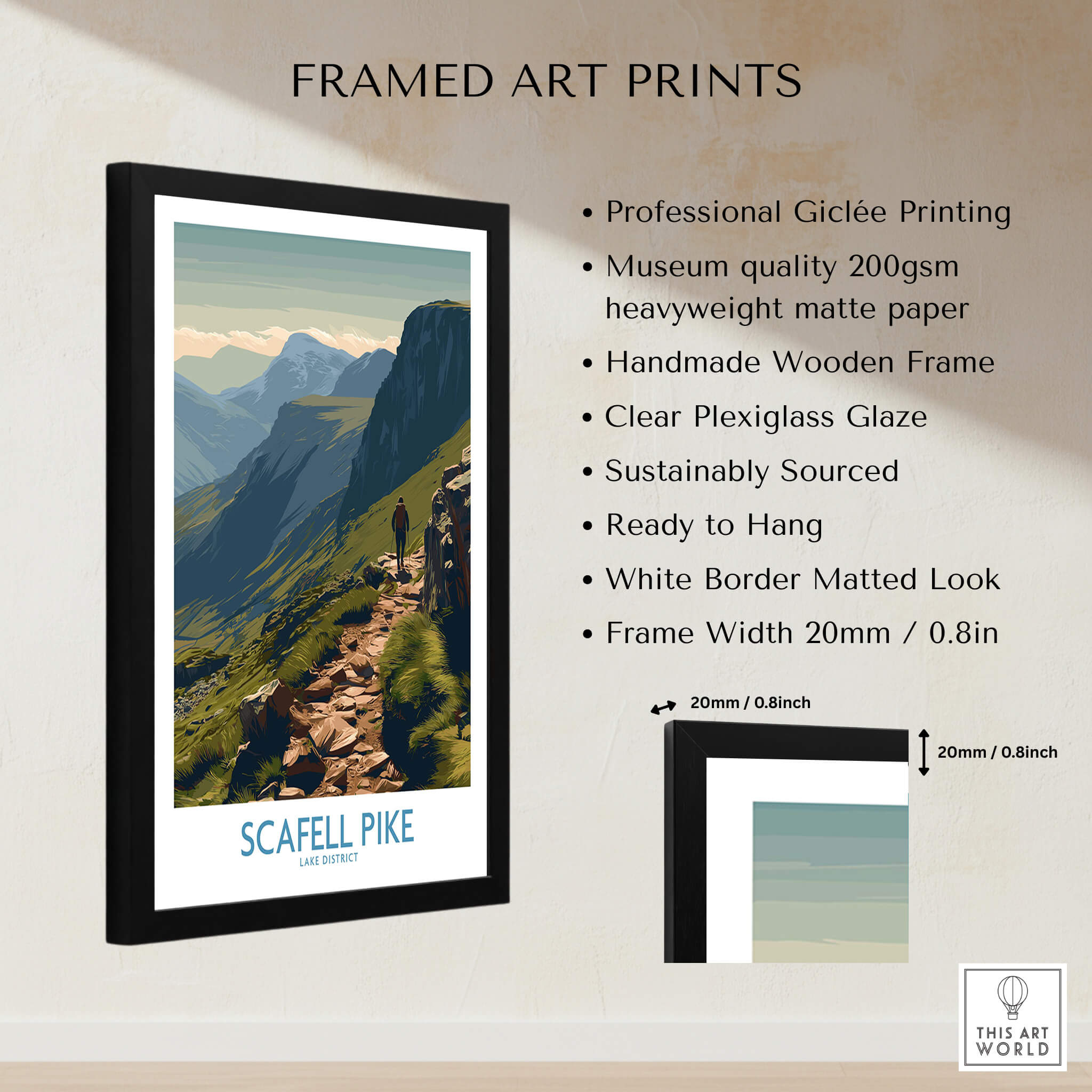 Scafell Pike Lake District Canvas Print | Hiker & Highland Scene Poster framed art print with a picturesque mountain landscape.