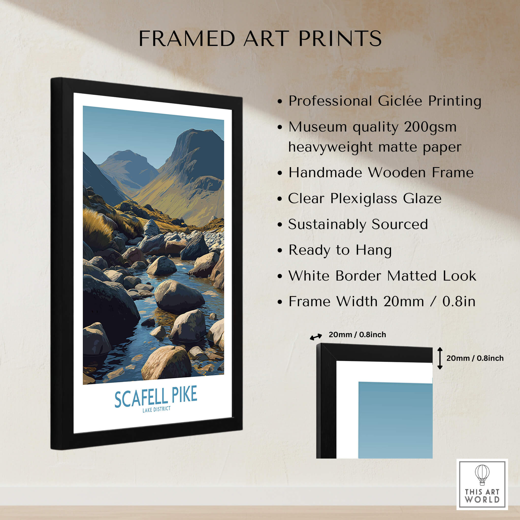 Scafell Pike Lake District Poster | Serene Valley Landscape Canvas Print showing a framed print with professional giclée printing.