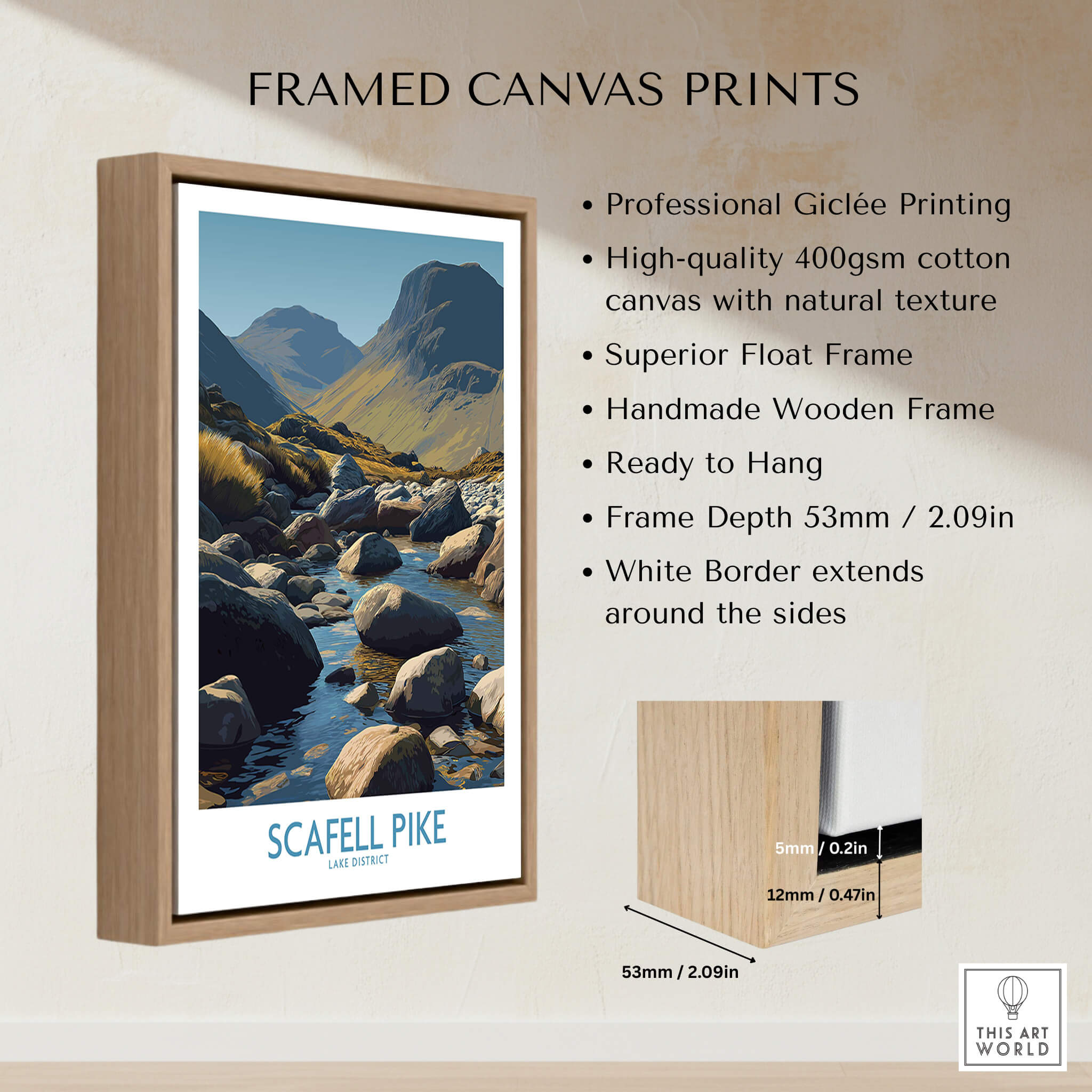 Scafell Pike Lake District Poster | Serene Valley Landscape Canvas Print framed display with wooden frame and hanging features.