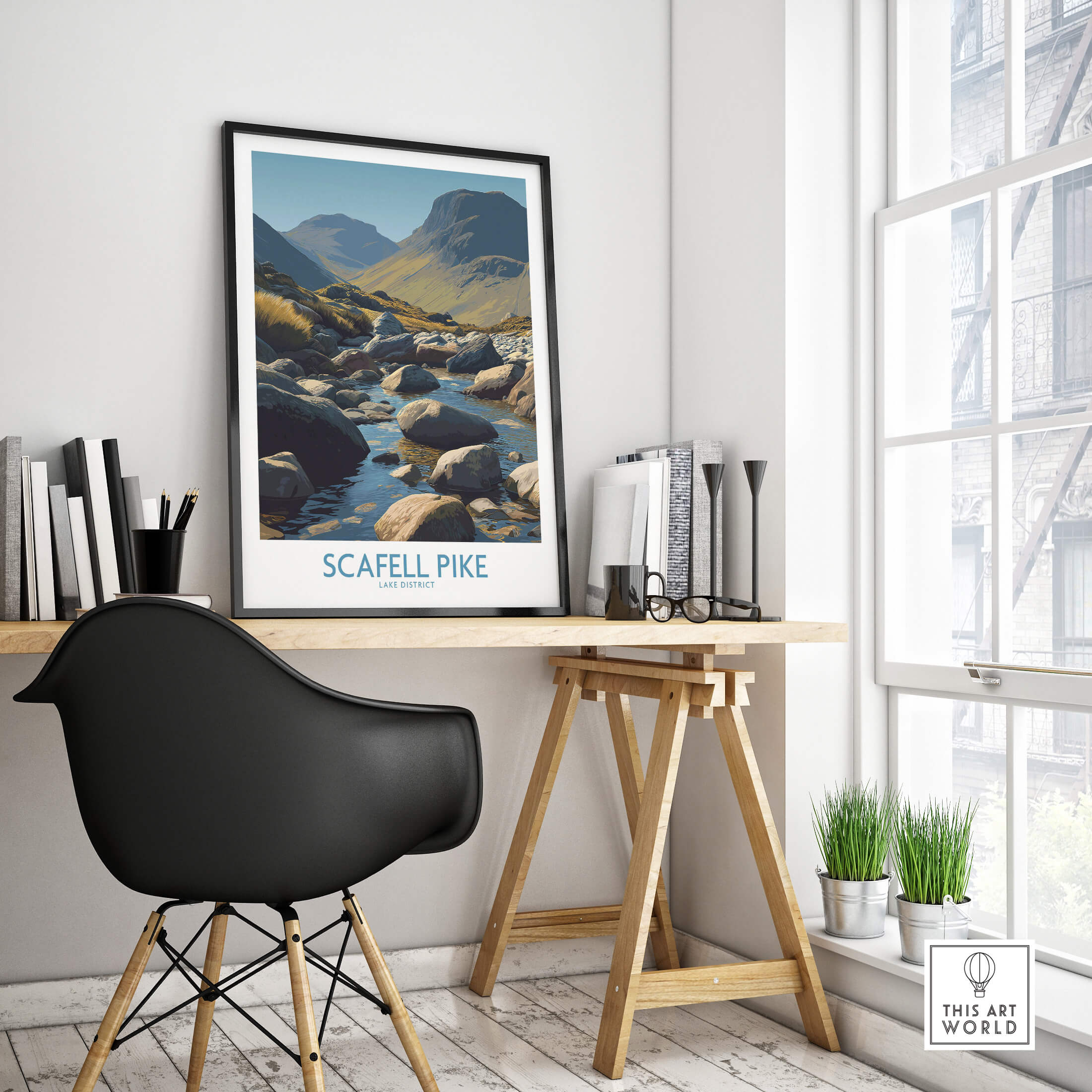 Scafell Pike Lake District Poster | Serene Valley Landscape Canvas Print displayed in a modern workspace setting.