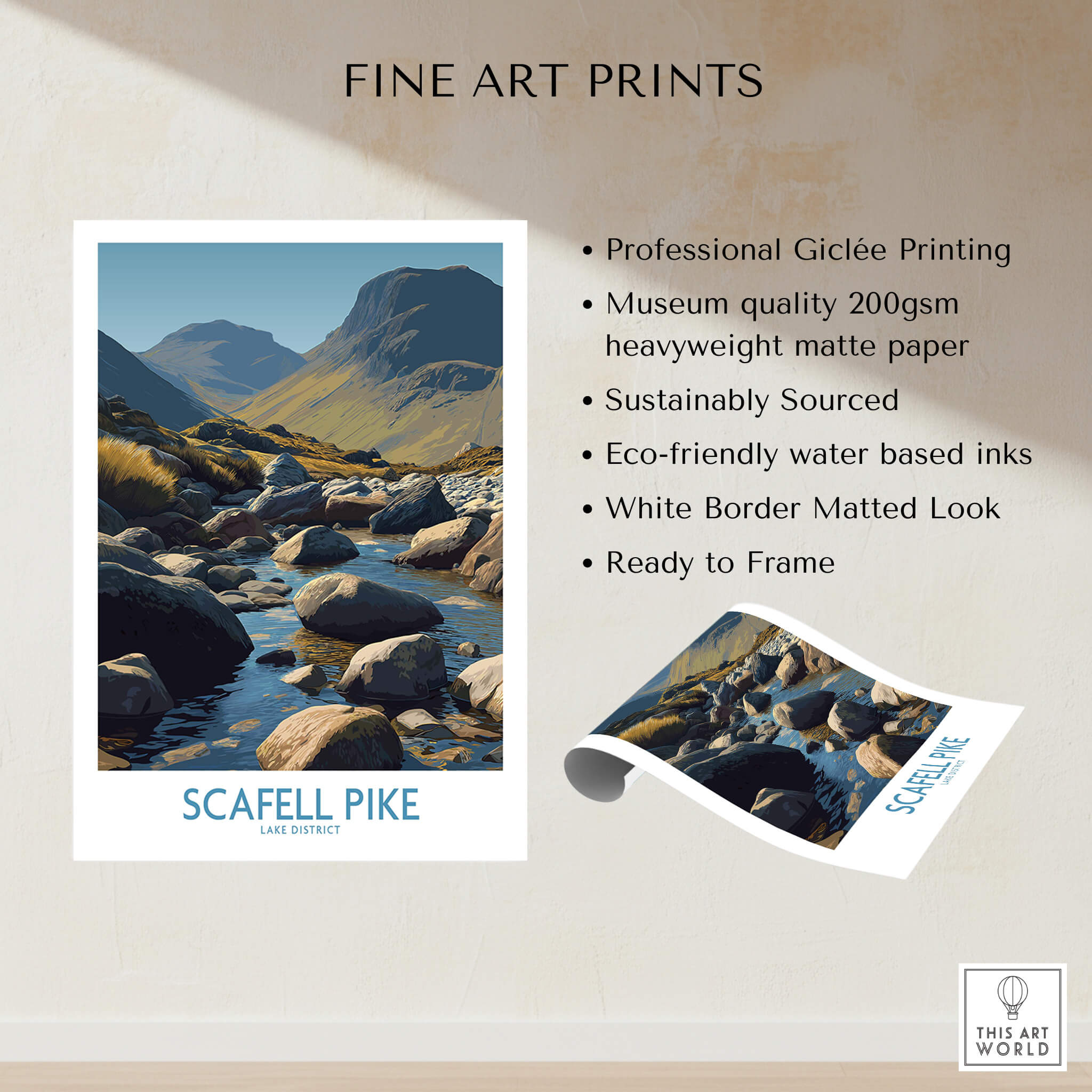 Scafell Pike Lake District Poster | Serene Valley Landscape Canvas Print showcasing professional Giclée printing.