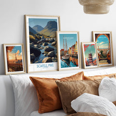 Scafell Pike Lake District Poster | Serene Valley Landscape Canvas Print displayed on a wall among other travel-themed posters.