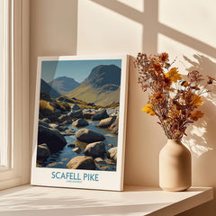 Scafell Pike Lake District Poster | Serene Valley Landscape Canvas Print displayed in a sunlit room with a vase of flowers.