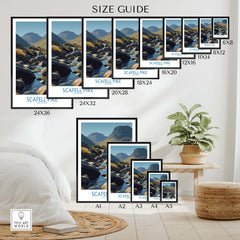 Scafell Pike Lake District Poster | Serene Valley Landscape Canvas Print Size Guide with various frame dimensions.