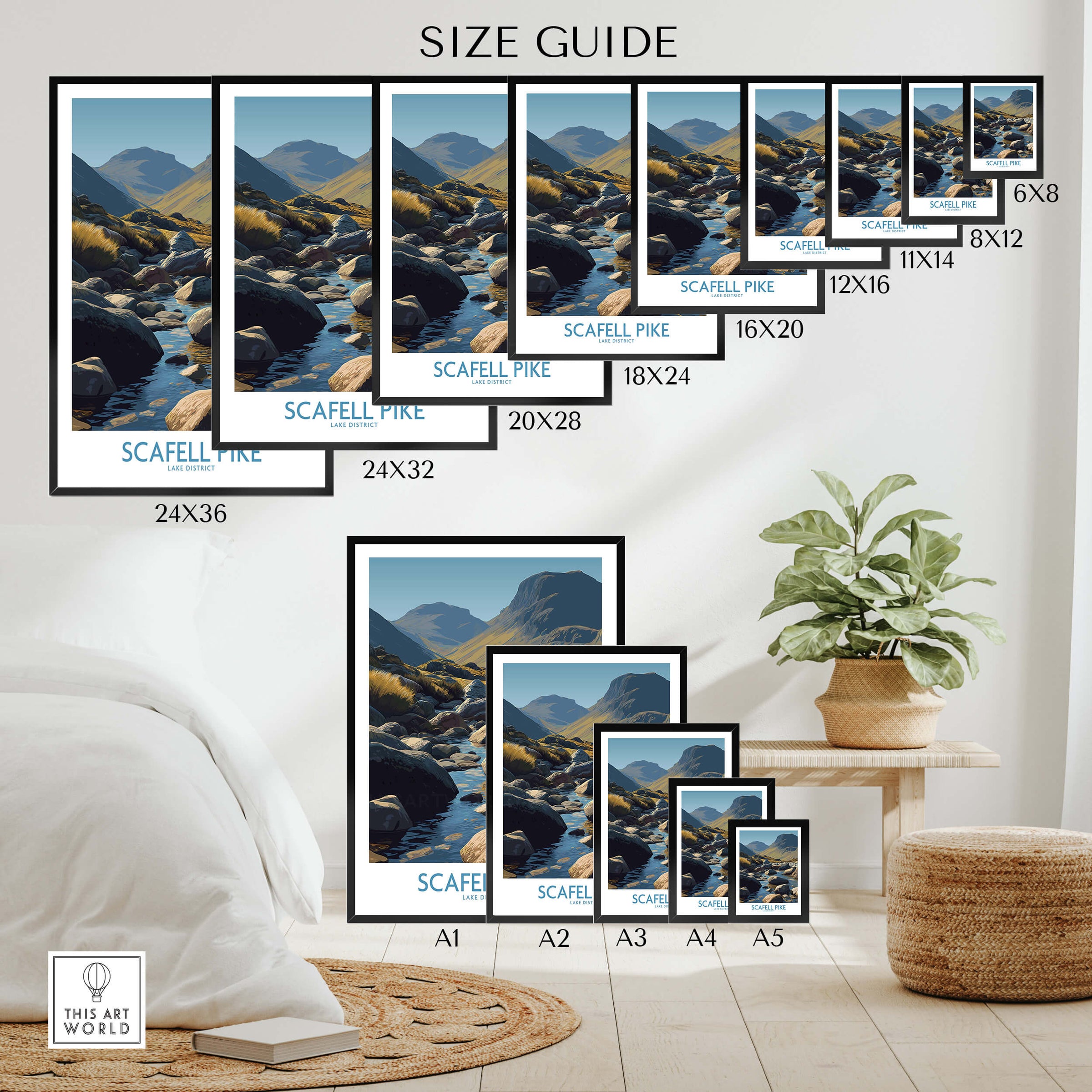 Scafell Pike Lake District Poster | Serene Valley Landscape Canvas Print Size Guide with various frame dimensions.