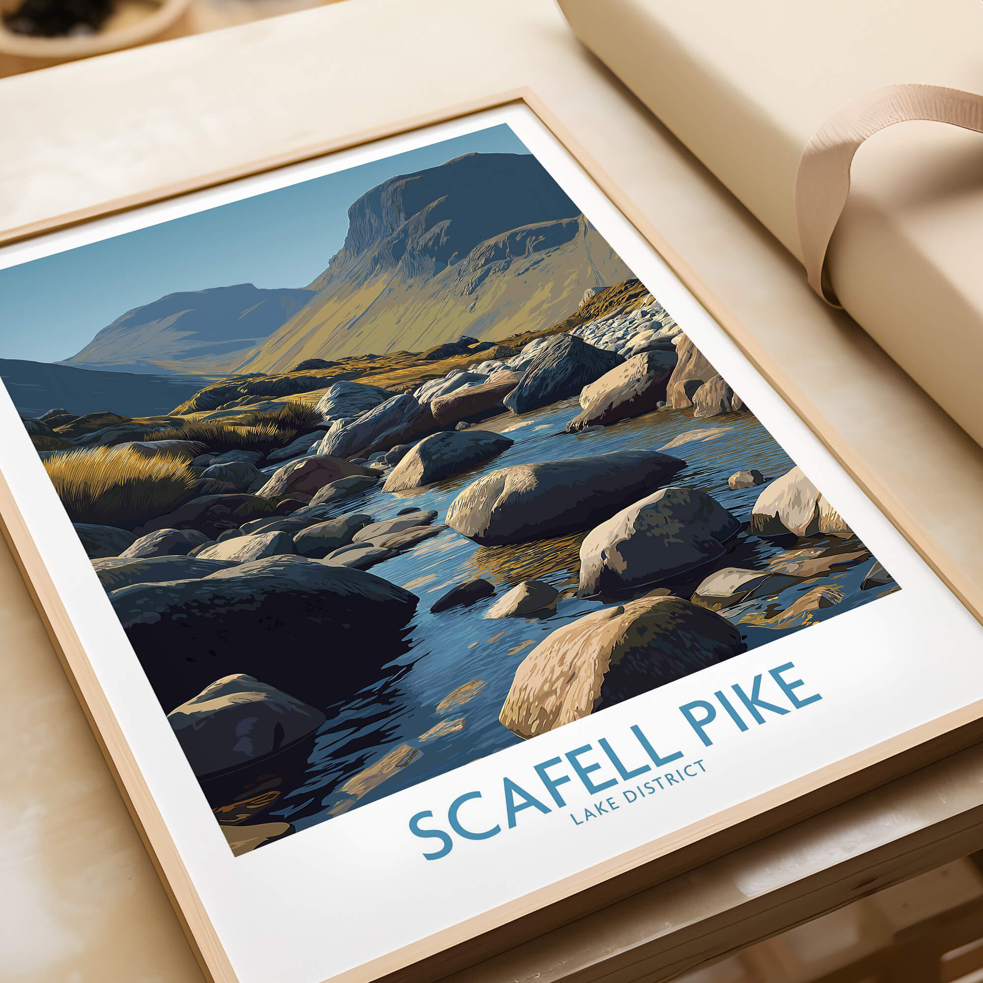 Scafell Pike Lake District Poster | Serene Valley Landscape Canvas Print displayed on a wooden table with natural scenery.