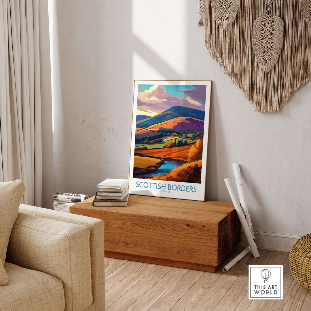 Scotland autumn valley travel poster featuring vibrant Scottish Borders landscape with hills and blue stream.