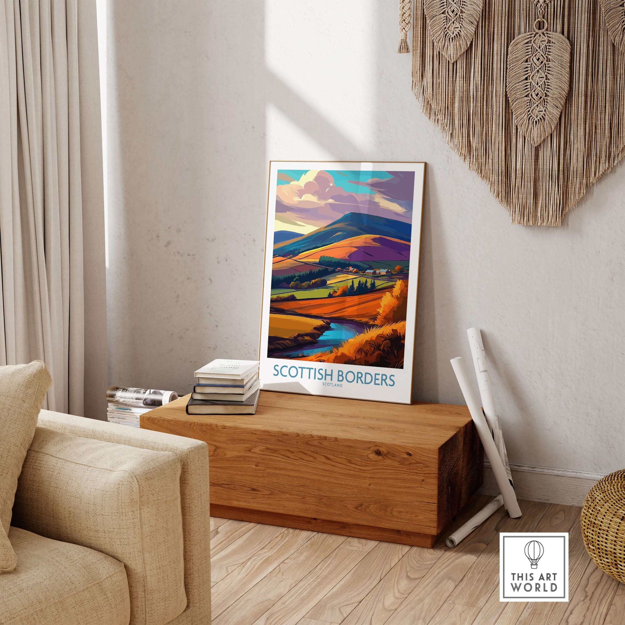 Scotland Autumn Valley Travel Poster Scottish Borders Landscape Print Wall Art Hills on display in a cozy interior setting.