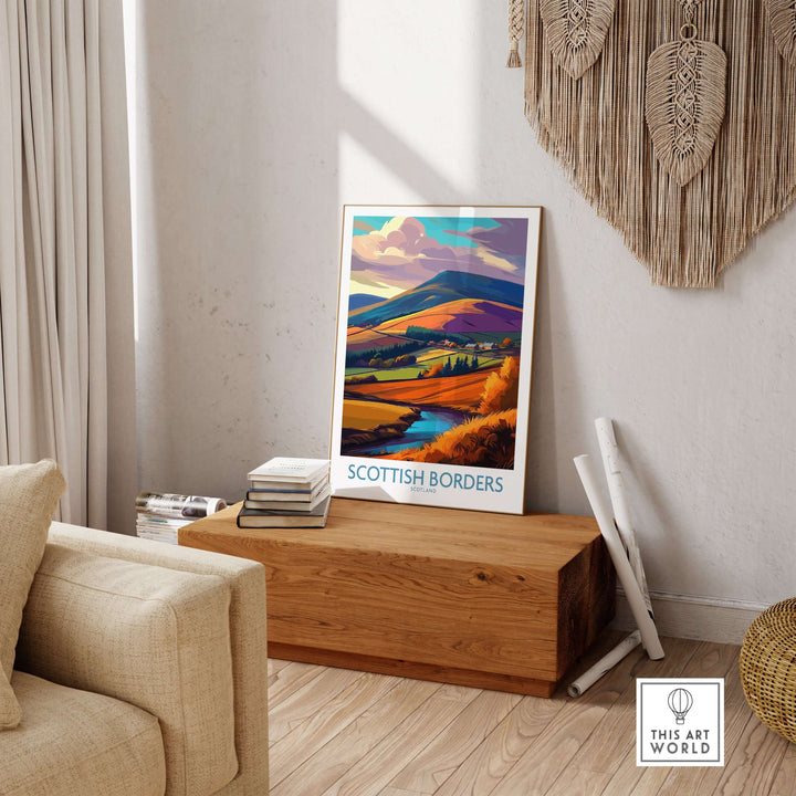 Scotland autumn valley travel poster featuring vibrant Scottish Borders landscape with hills and blue stream.