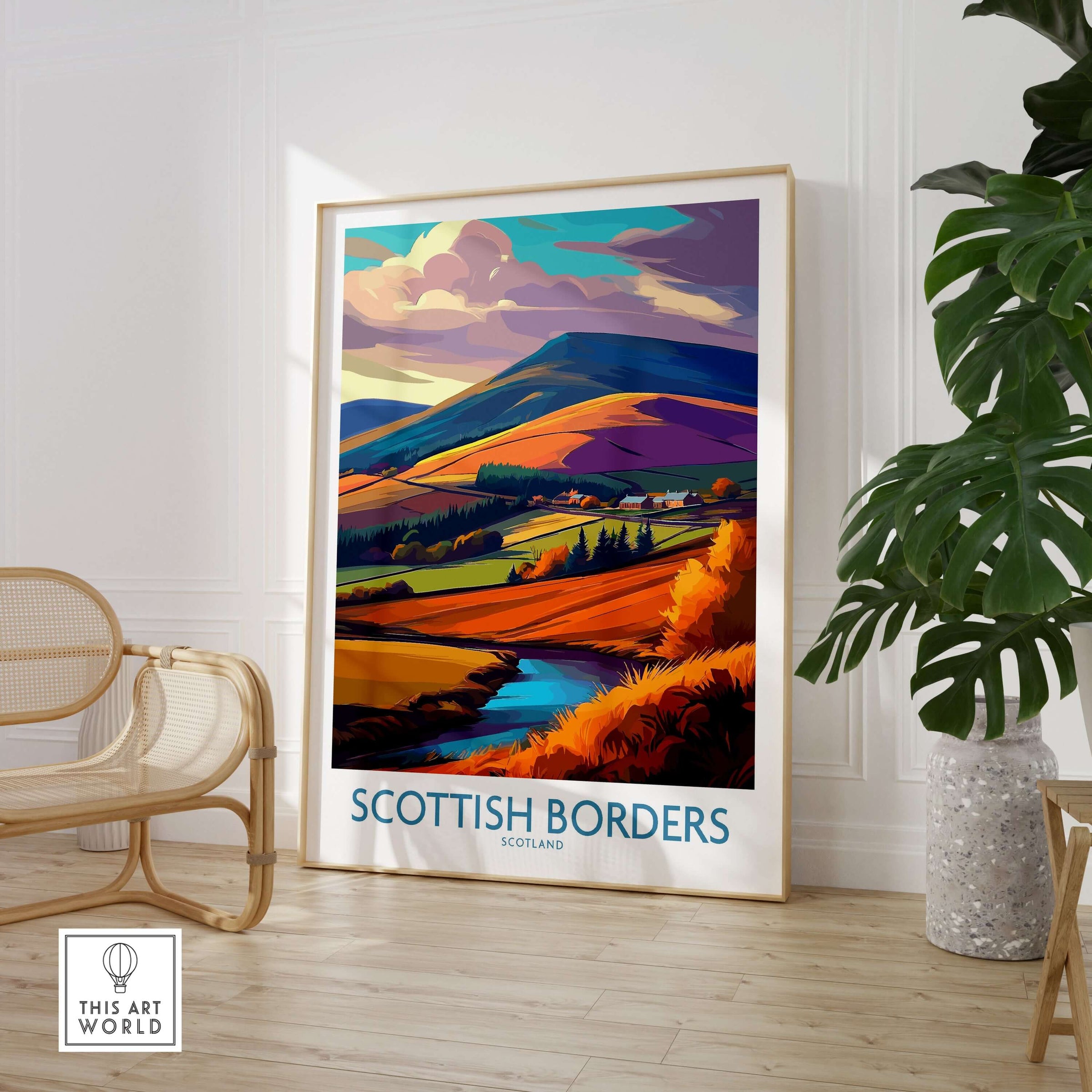 Scotland Autumn Valley Travel Poster Scottish Borders Landscape Print Wall Art Hills featuring vibrant autumn scenery.