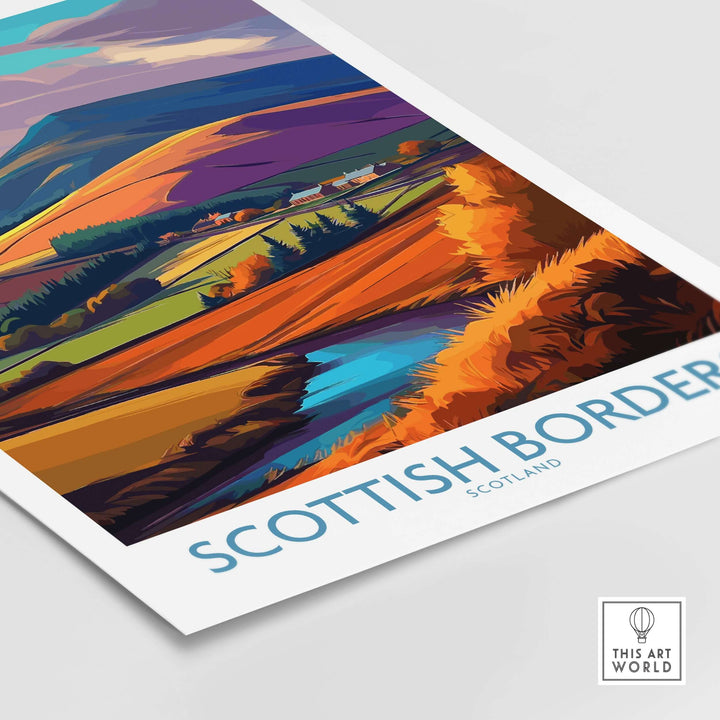 Scotland Autumn Valley travel poster featuring vibrant hills and blue stream in Scottish Borders landscape art.