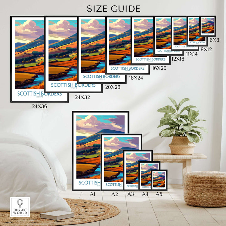 Size guide for Scottish Borders travel poster prints showcasing various dimensions and a vibrant landscape design.