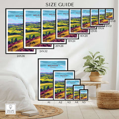 Scotland Eildon Hills Landscape Travel Print Scottish Borders Poster Wall Art size guide with various frame sizes