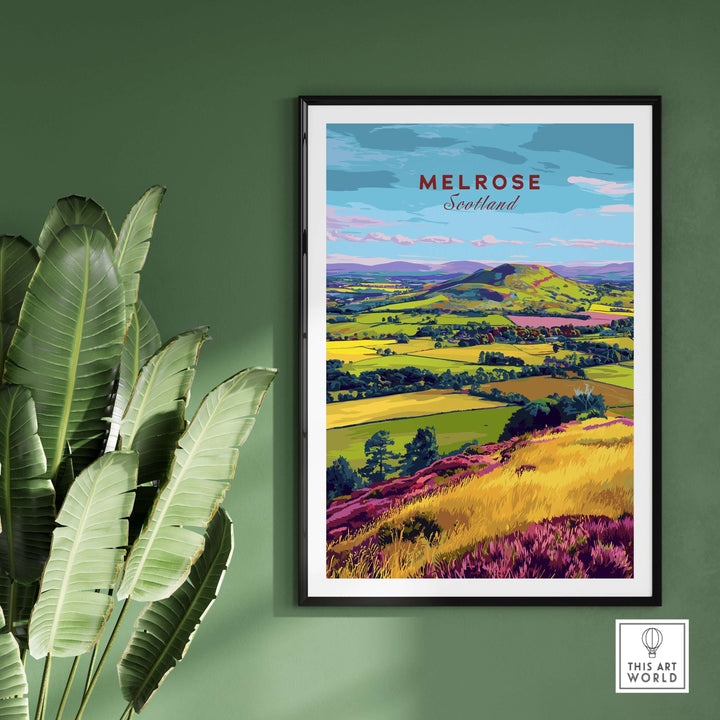 Eildon Hills landscape travel print featuring vibrant fields and hills in Melrose, Scotland wall art.