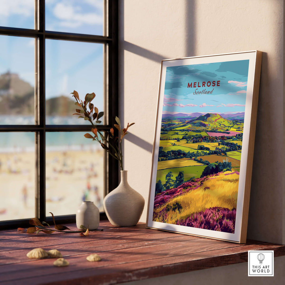 Melrose, Scotland landscape travel print showcasing vibrant fields and hills, perfect for home wall art decor.
