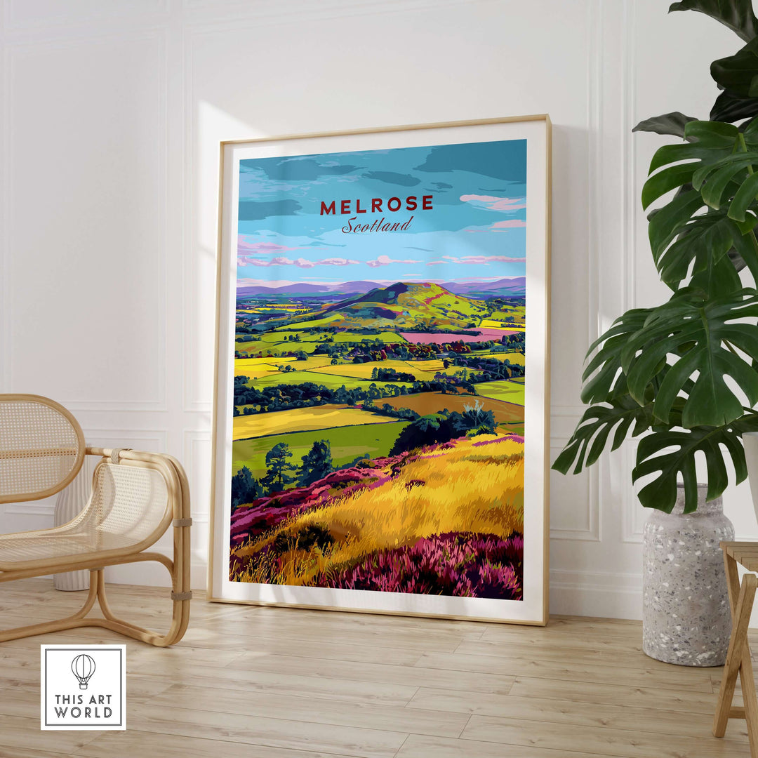 Colorful Melrose Scotland landscape poster art featuring rolling hills and vibrant fields in a stylish interior setting.