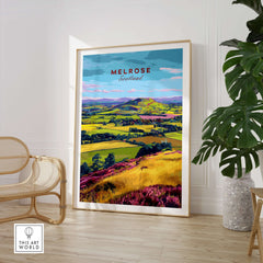 Scotland Eildon Hills Landscape Travel Print Scottish Borders Poster Wall Art in a modern interior setting