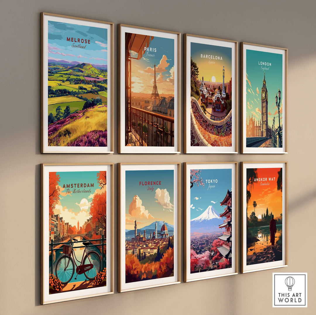 Colorful travel poster wall art featuring cities like Melrose, Paris, Barcelona, and Tokyo, showcasing iconic landmarks.