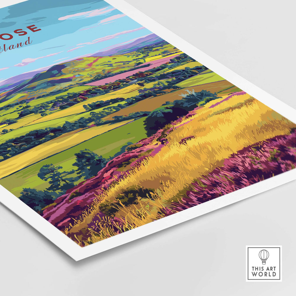 Scotland Eildon Hills travel print showcasing vibrant fields and rolling hills in the Scottish Borders.