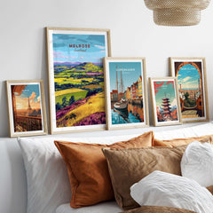 Scotland Eildon Hills Landscape Travel Print Scottish Borders Poster Wall Art displayed in a modern living room settings.