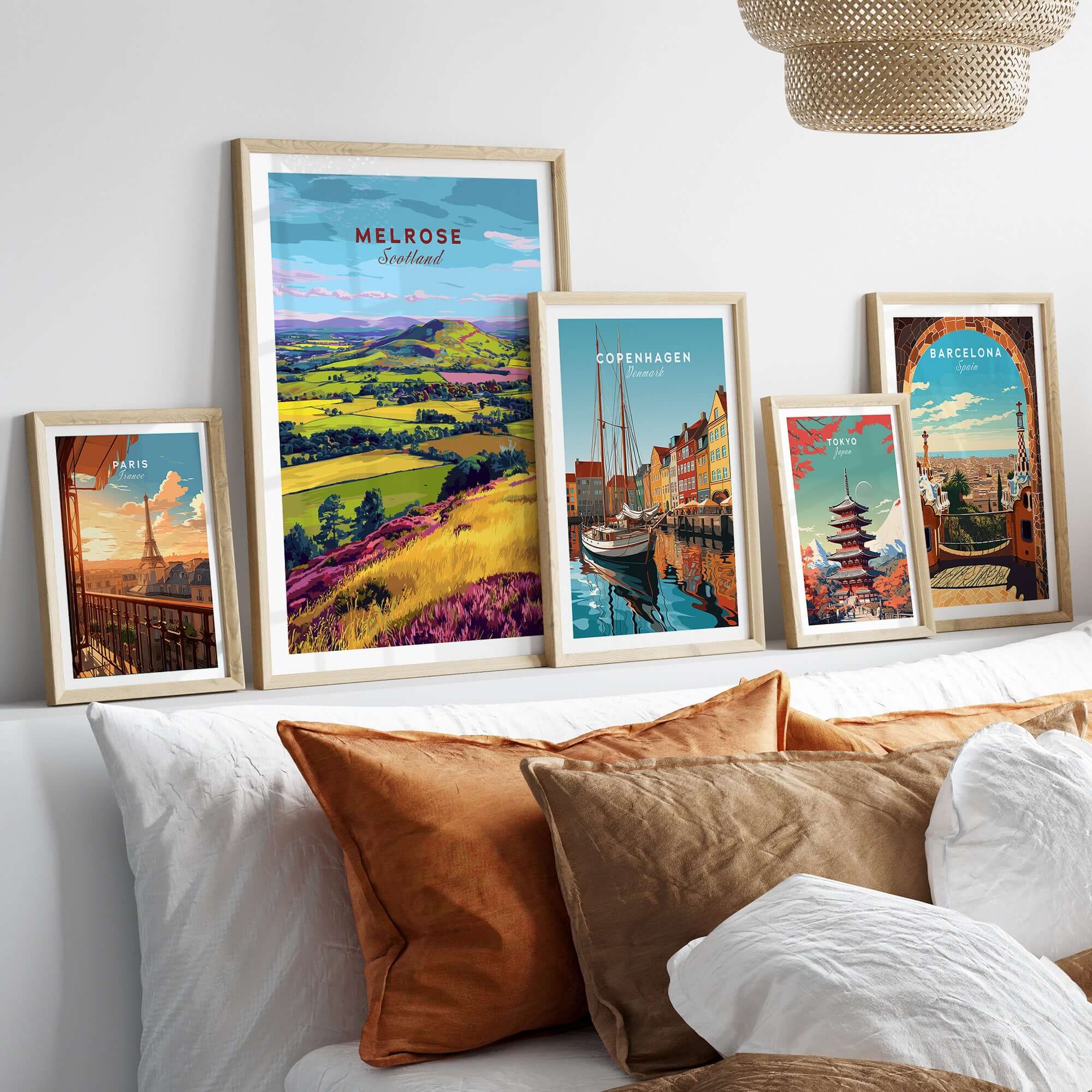 Scotland Eildon Hills Landscape Travel Print Scottish Borders Poster Wall Art displayed in a modern living room settings.