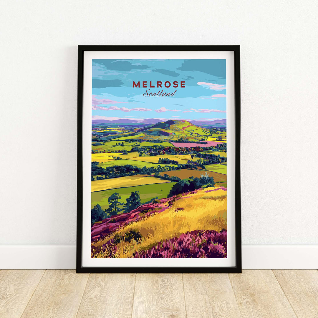 Melrose Scotland landscape travel print showing vibrant fields and hills in the Scottish Borders.