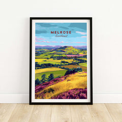 Scotland Eildon Hills Landscape Travel Print Scottish Borders Poster Wall Art showcasing vibrant fields and iconic hills.