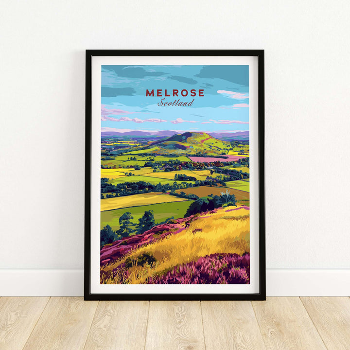 Melrose Scotland landscape travel print showing vibrant fields and hills in the Scottish Borders.