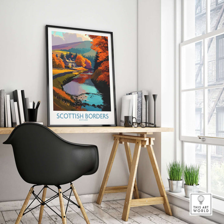 Scottish Borders autumn landscape travel poster in a stylish home office setting.