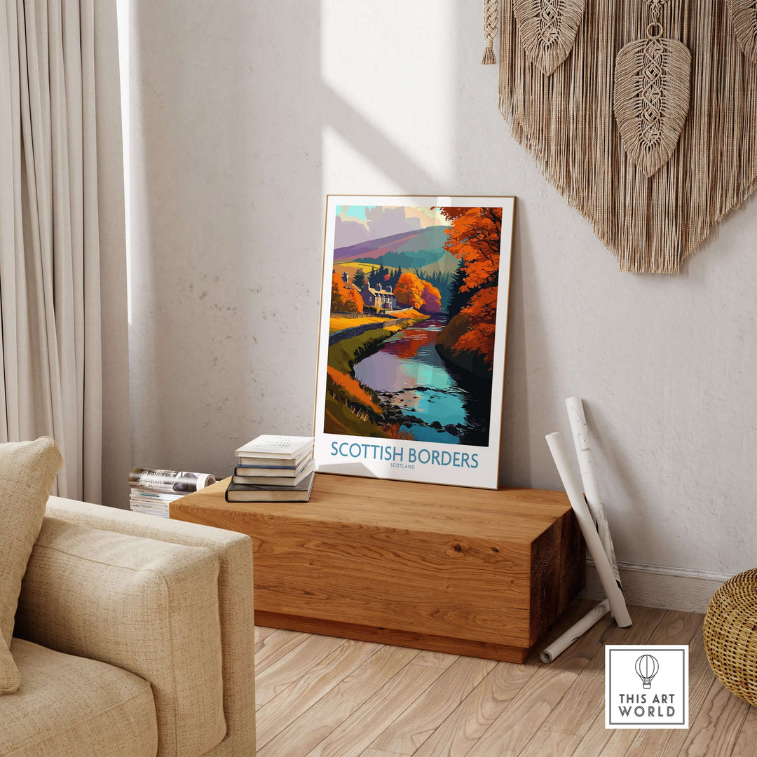 Scotland river landscape travel poster featuring autumn colors in the Scottish Borders, framed in a stylish home decor setting.