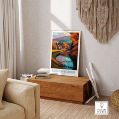 Scotland River Landscape Travel Poster Scottish Borders Autumn Print Wall Art Decor displayed in a cozy living room setting.