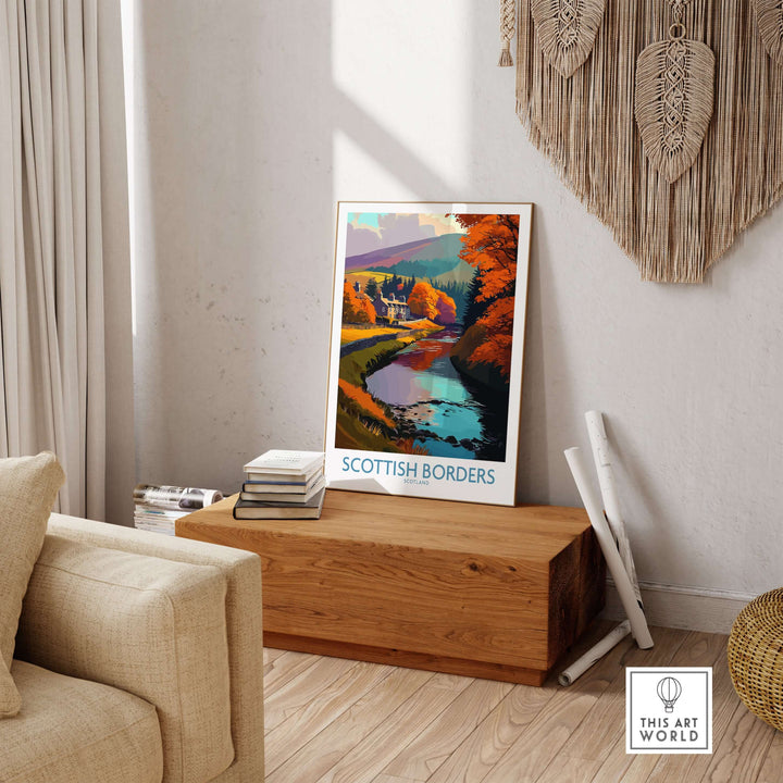 Scotland river landscape travel poster featuring autumn colors in the Scottish Borders, framed in a stylish home decor setting.