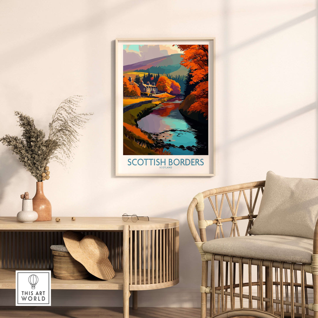 Scotland river landscape travel poster showcasing autumn colors in the Scottish Borders, framed wall art decor.