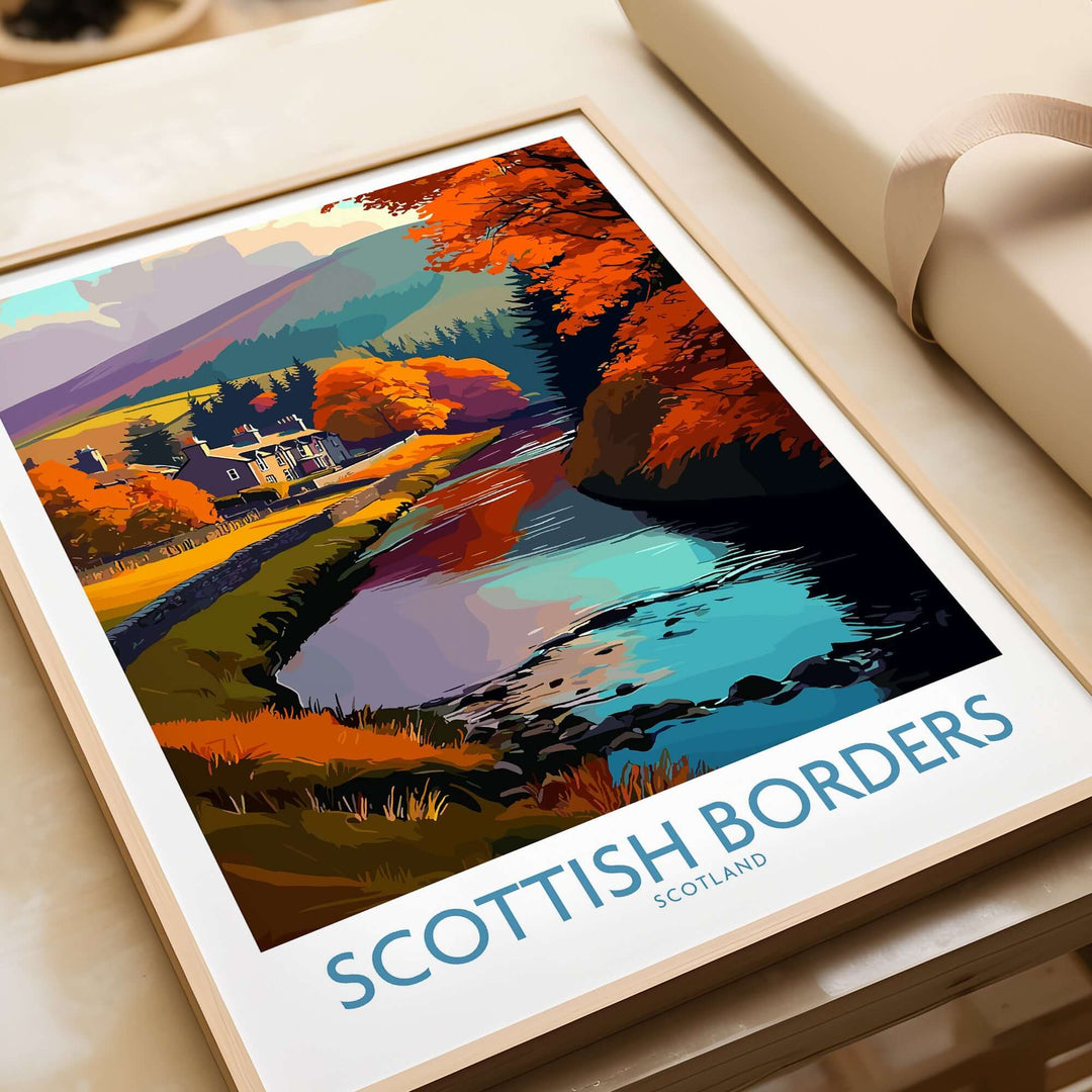 Scotland river landscape travel poster featuring autumn colors in the Scottish Borders, perfect for wall art decor.