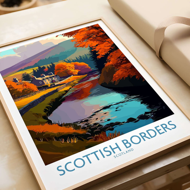 Scotland river landscape travel poster featuring autumn colors in the Scottish Borders, perfect for wall art decor.