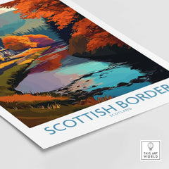 Scotland River Landscape Travel Poster Scottish Borders Autumn Print Wall Art Decor featuring vibrant fall colors and a serene river.