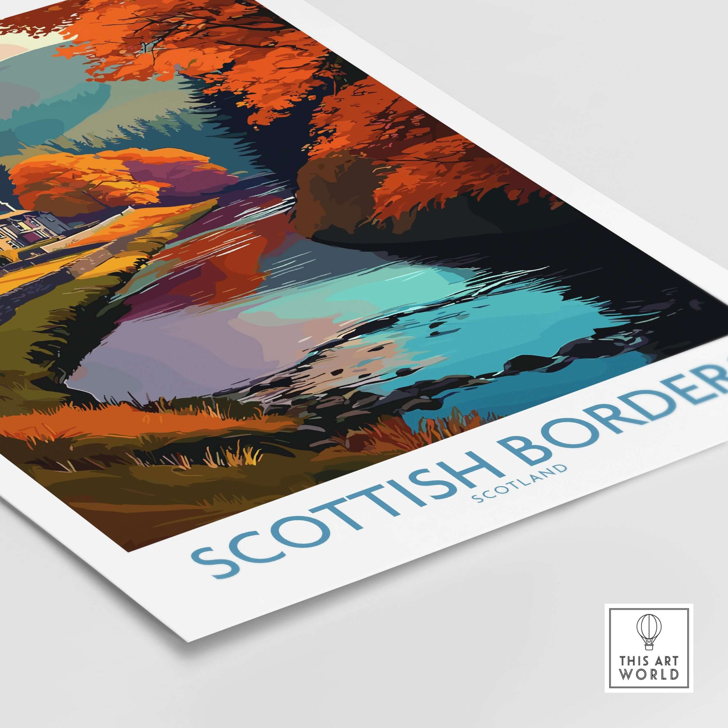 Scotland River Landscape Travel Poster Scottish Borders Autumn Print Wall Art Decor featuring vibrant fall colors and a serene river.