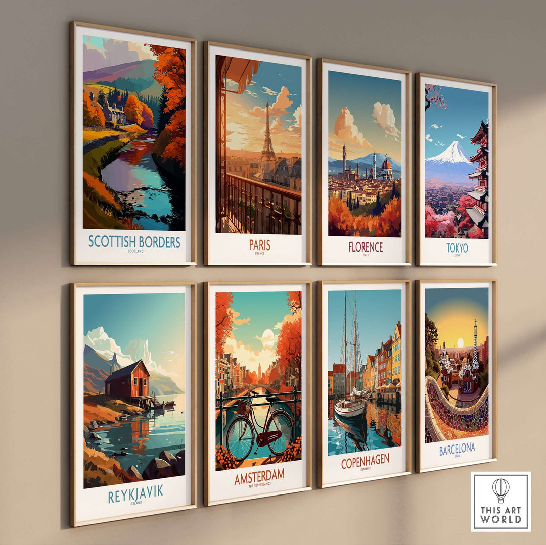 Colorful travel poster collection featuring Scottish Borders, Paris, Florence, Tokyo, Reykjavik, Amsterdam, Copenhagen, and Barcelona.
