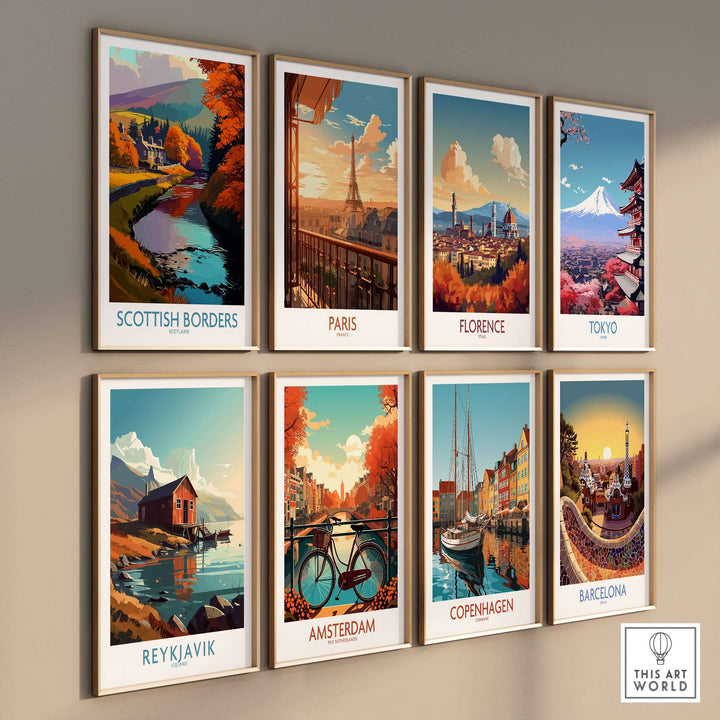 Colorful travel poster collection featuring Scottish Borders, Paris, Florence, Tokyo, Reykjavik, Amsterdam, Copenhagen, and Barcelona.